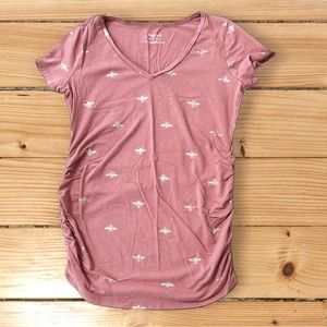 Motherhood Maternity XS pink with gold bees maternity t-shirt with ruched sides